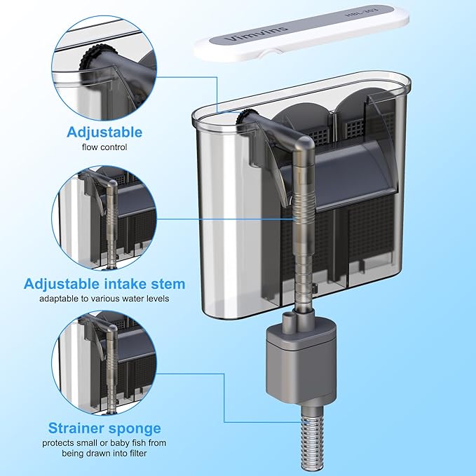 Vimvins Small Aquarium Filter, Quiet Fish Tank HOB Filters for 2 to 5 Gallon Aquariums, Adjustable Flow(Model: 302)