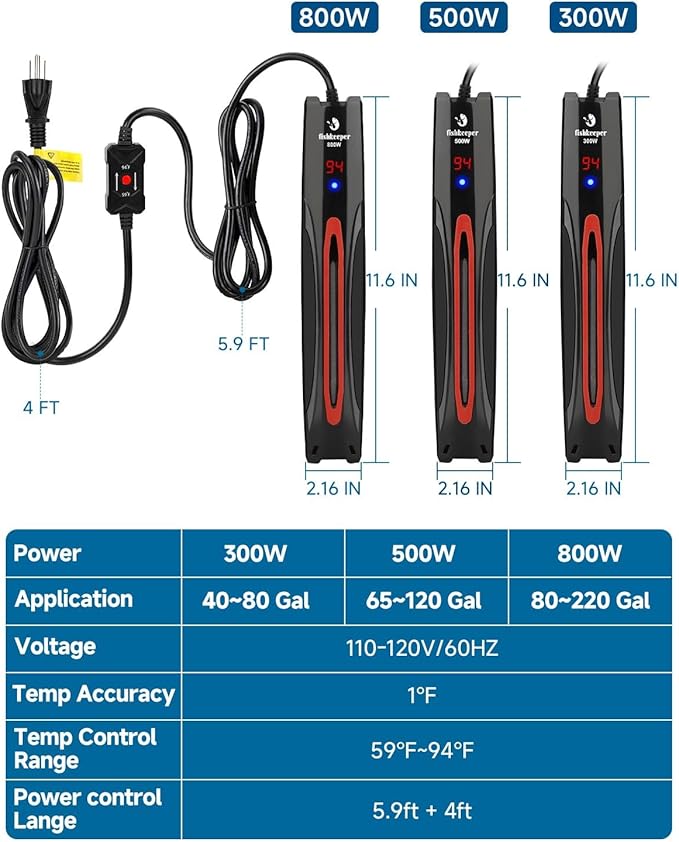 fishkeeper 800W Adjustable Submersible Aquarium Heater - PID Electronic Smart Thermostat Fish Tank Heater with Out-of-Water/Run-Dry/Overheat/Low-Temp Safrty Protection for 40-220 Gallon Fish Tanks