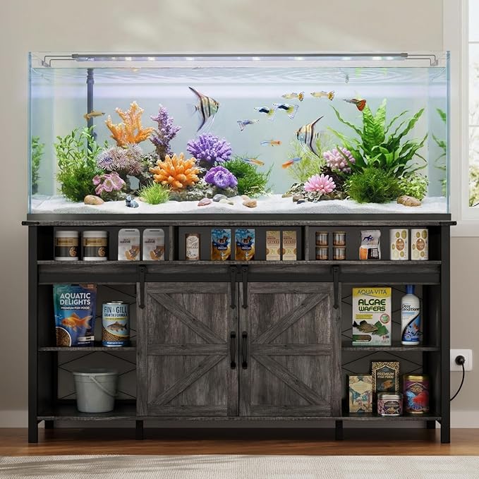 VOWNER 75-120 Gallon Fish Tank Stand with Power Outlet, Farmhouse Aquarium Stand with Storage Cabinet & Sliding Barn Doors, Heavy Duty Reptile Tank Stand, for 2 Tanks, 1000LBS Capacity, Grey