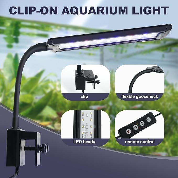 Clip on Aquarium LED Light,Fish Tank Light for 5-20 Gallon,with Timer Auto On/Off 24-Hour Cycle, White Blue Red LEDs Lighting Built-in 5 Brightness Levels Memory Function