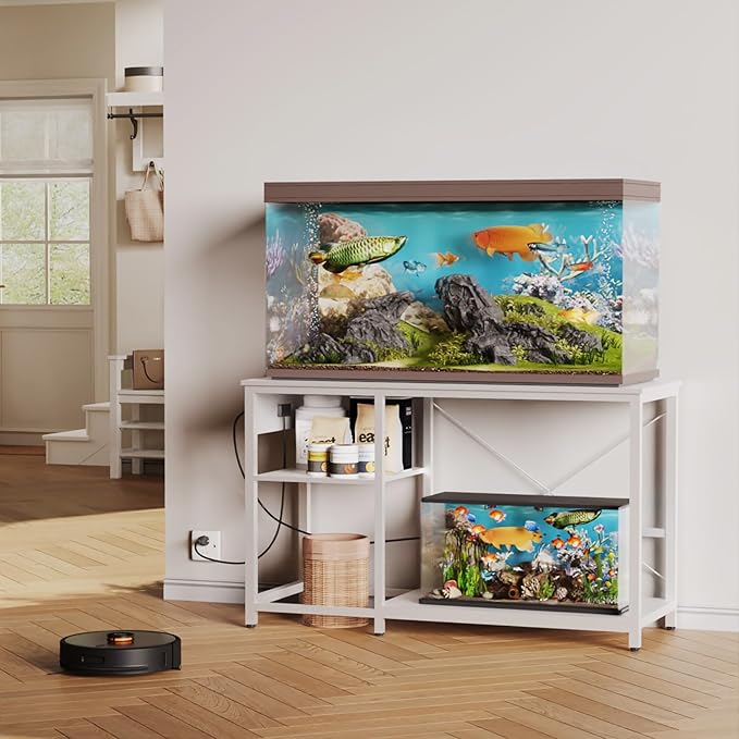 BEURUKU 55-75 Gallon Fish Tank Stand with Power Outlet & LED Light, Metal Aquarium Stand with 3 Tier Adjustable Storage Shelves, Tank Stand for Reptile Tank, Turtle Tank, 52" L*19.5" W, White