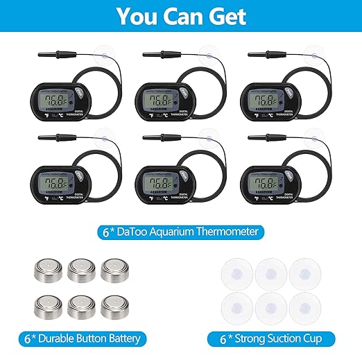 DaToo Aquarium Thermometer with Large LCD Display Fahrenheit/Celsius(℉/℃) Fish Tank Thermometer for Aquarium Reptile Terrarium Digital Water Thermometer with Suction Cup(6 Pack)