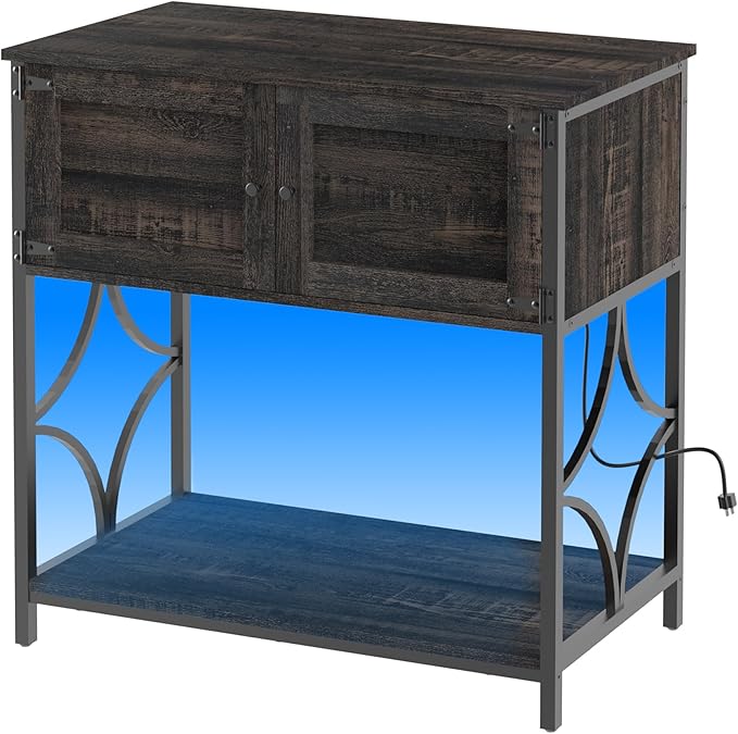20-29 Gallon Fish Tank Stand, Aquarium Stand with Power Outlets &LED Light, Metal Frame Fish Tank Stand with Cabinet Accessories Storage, 30.7" L*15.7" W Tabletop, 330LBS Capacity, Dark Oak
