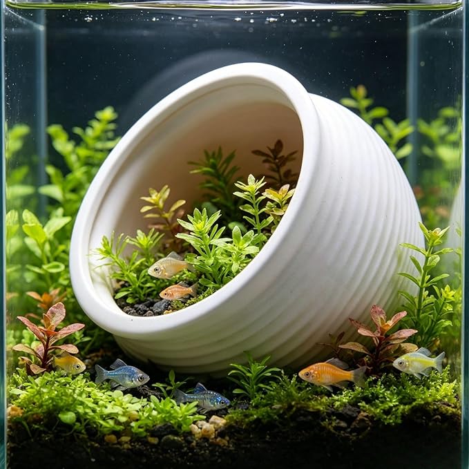 Saim Fish Hideout for Aquarium, Ceramic Jar Fish Tank Decorations Cute Clay Pot Hideout Cave Ornaments for Small Fish, Shrimp, Cichlid to Play Hide Breed (Large)