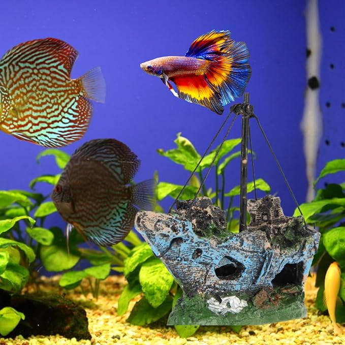Fish Tank Decorations, Resin Shipwreck Aquarium Decor for Tank, Sunken Ship Aquarium Decorations Large, Betta Fish Tank Accessories, Wrecked Ship Fish Hideout Freshwater Saltwater Tanks