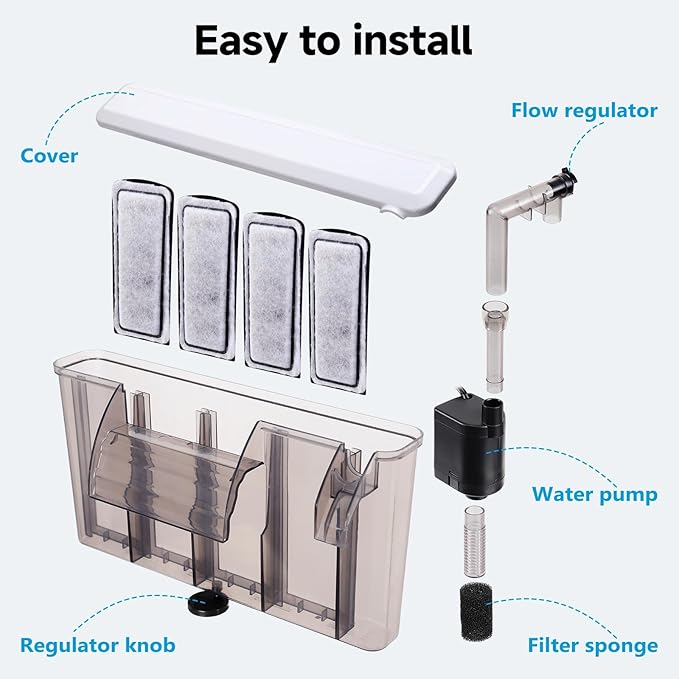 AQQA Quiet Hang on Back Aquarium Filter for 30-50 Gallon, Fish Tank Filters with Adjustable Flow, Auto Start Powerful Filtration HOB Filter, Easy Install for Freshwater Aquariums,8W 200GPH