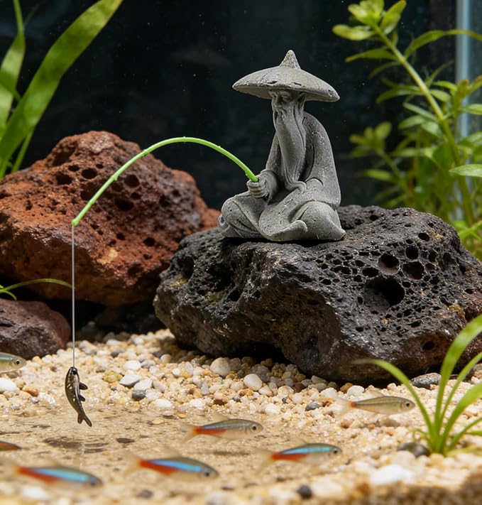 livelyfish Mini Fisherman Statue Asian Zen Decoration Sitting Fishing Figurines Sandstone Vintage Ornament for Aquarium Fish Tank Pot Garden Home Japanese Decor (D2)