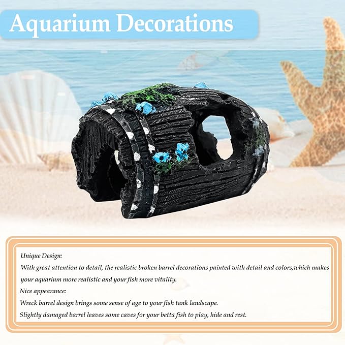 1pcs Aquarium Decorations——Resin Broken Barrel Fish Tank Ornament, Fish Tank Decorations for Fish Cave Hide Hut(Black)