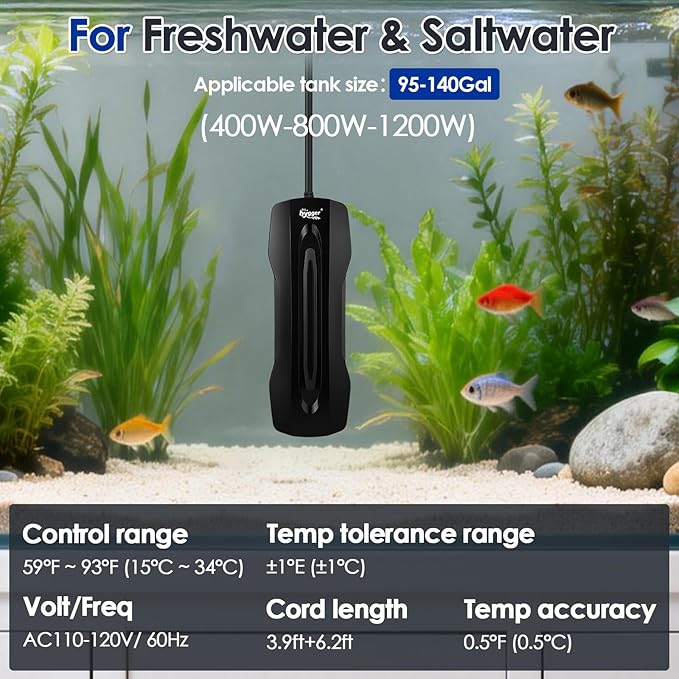 hygger Aquarium Heater Adjustable Triple-Power, Submersible Fish Tank Heater Four Season Power Change, with Digital Controller Abnormal Error Stop Protection for Freshwater Saltwater (500-1000W-1500W)