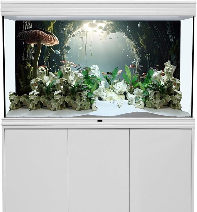 AWERT 30x18 inches Aquarium Background Foggy Stone Mushroom Moss Terrarium Background Polyester Green Plants Cave Fish Tank Background