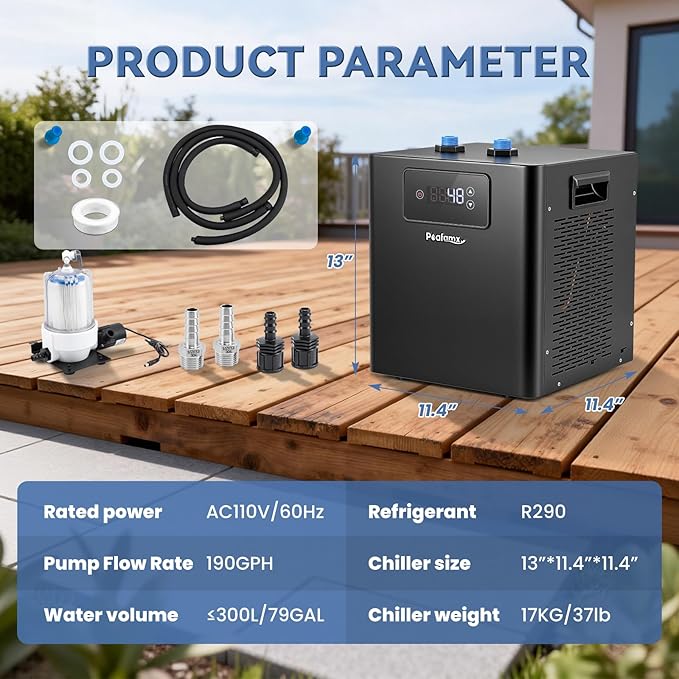 Poafamx Water Chiller for Ice Bath, 1/3 HP Cold Plunge Chiller with External Filter & Water Pump, Insulated Hoses, Quiet Cold Therapy Cooler for Ice Bath Tub, Athletes Recovery, Home Gym 110V