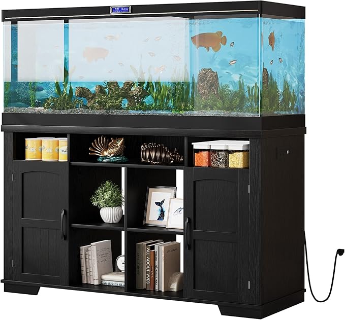 55-75 Gallon Fish Tank Stand with Power Outlet, Farmhouse 75 Gallon Aquarium Stand with Cabinet for Fish Tank Accessories Storage, Shelf, for Turtle Tank, Reptile Terrarium, 1000 LBS (Black-1)
