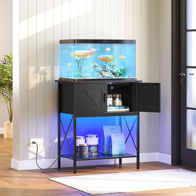 HOOBRO 20 Gallon Fish Tank Stand with Power Outlets and LED Light, Metal Frame Aquarium Stand, Reptile, Turtle Tank Stand with Cabinet Storage, 27.6'' L x 15.7'' W, 300 LBS Capacity, Black BB40UDFT01