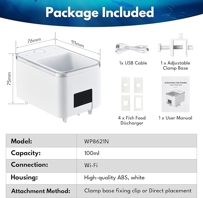 Automatic Fish Feeder for Aquarium, Moisture-Proof Adjustable Food Dispenser, APP Control with Timer, Four Precision Feed Funnels USB Powered Suitable for Small Tank Pelleted Food Black