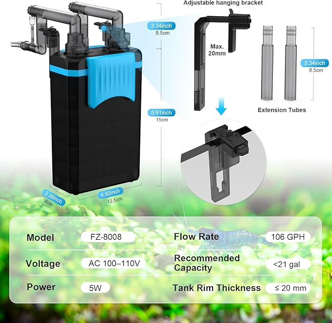 FZONE Aquarium Hang on Back Filter, 4 Stage HOB Filter for Mini and Nano Desktop Tanks, 106GPH Adjustable Flow, with Rainfall, Duckbill, Direct Flow outlets (S)