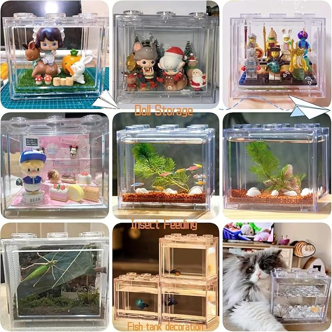 Small Betta Fish Tank, Stackable Mini Fish Tank Aquarium Tank Kit, 3/5 Gallon Rectangular Fish Bowl with Aquarium Gravel Decoration, Tiny Cube Tank for Seaweed Balls Sea Monkeys
