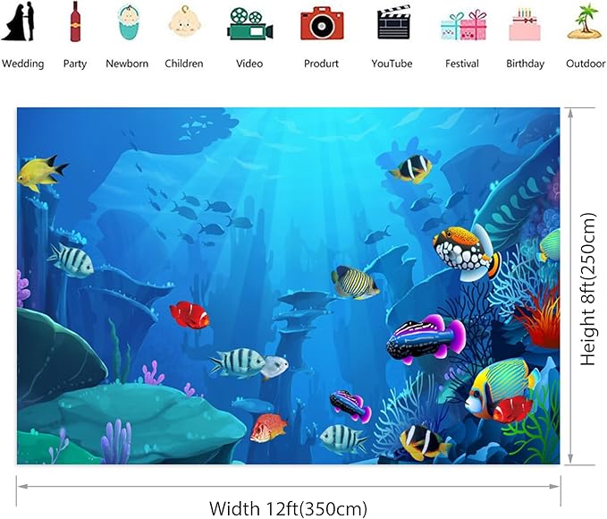 Renaiss Underwater World Aquarium Backdrop 12x8 ft Fabric Coral Reef Tropical Fish Mermaid Summer Party Photography Backdrop Under The Water Fish Tank Background for Birthday Baby Shower Decor