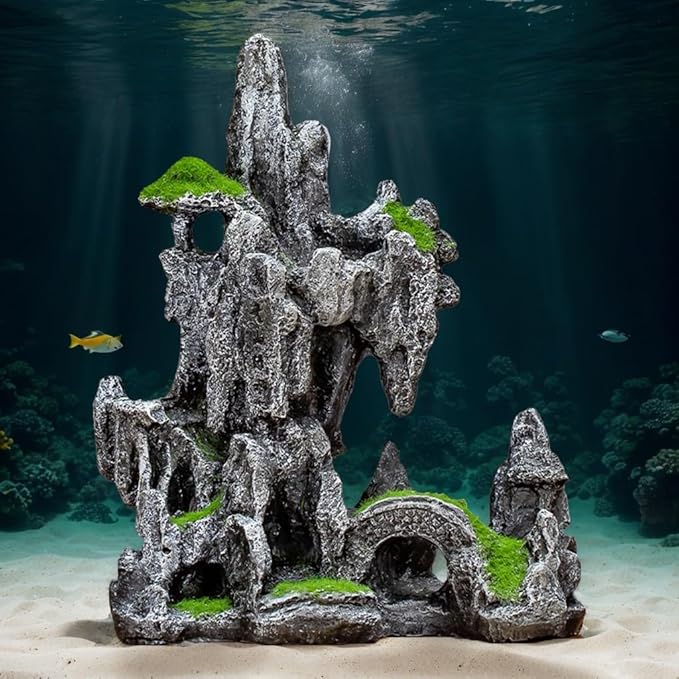 Aquarium Mountain View Ornaments, Large Fish Tank Rock Landscaping Decorations, Tree Hole Bridge Bridge Aquarium Decoration (6.69x3.54x8.26inch-L)