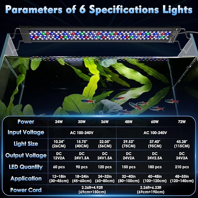 AQQA LED Aquarium Light 72W for 48-55 Inch Fish Tank, 24/7 Mode&DIY Mode Full Spectrum Fish Tank Light, IP68 Waterproof High Lumen Aquarium Plant Light, Adjustable Brightness/Timer, Memory Function