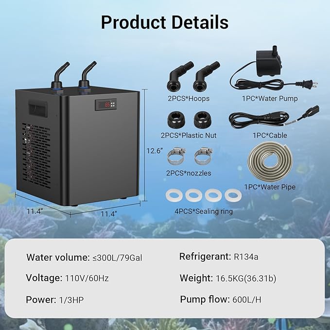 Water Chiller for Aquarium Hydroponics and Cold Plunge, Chiller with Submersible Pump & 1/2" Pipe, Ideal for Ice Bath Tubs Cold Therapy Recovery, Axolotl Jellyfish Coral Reef Tank