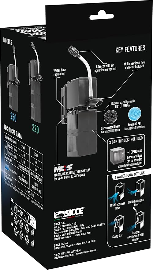 Sicce Shark Pro Nano 250 Internal 65 GPH Aquarium Power Filter up to 13 Gallon Aquariums | Quiet Spray Bar Mini Fish Turtle Pond Tank