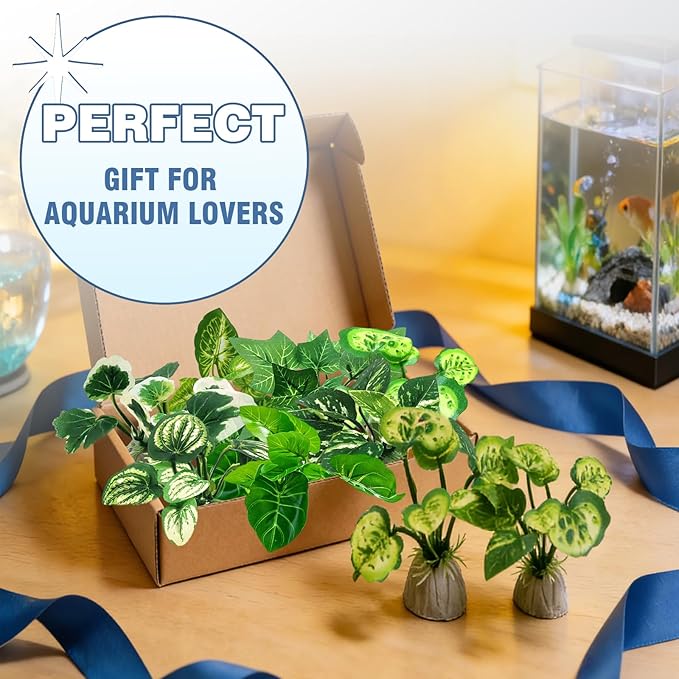 AZY 13-Piece Betta Fish Tank Decor – Realistic Aquarium Plants Set, Silk Aquarium Plants with Weighted Base, Aquarium Decor with Floating Diver Ornament for Fish Tank Decorations