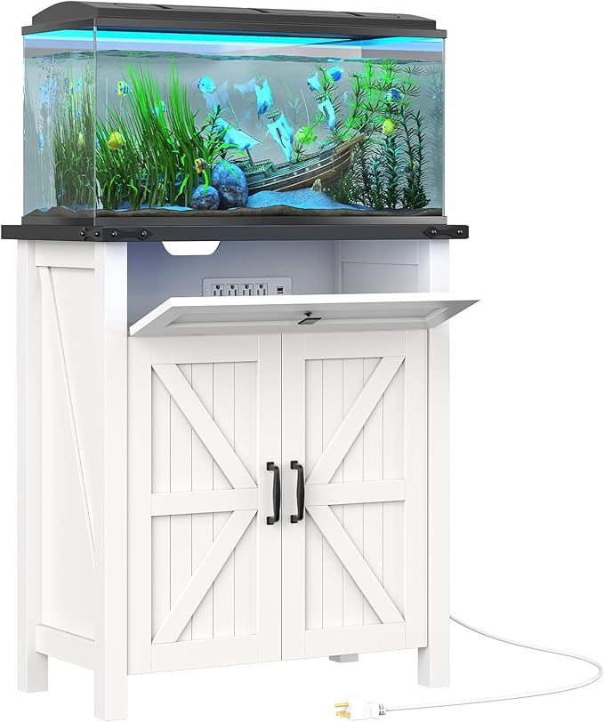 kepptory 20 Gallon Fish Tank Stand with Power Outlets, Farmhouse Decorative Aquarium Stand Furniture with Adjustable Shelves, 10-20 Gallon Reptile Turtle Tank Stand with Cabinet Storage (White, 20GL)