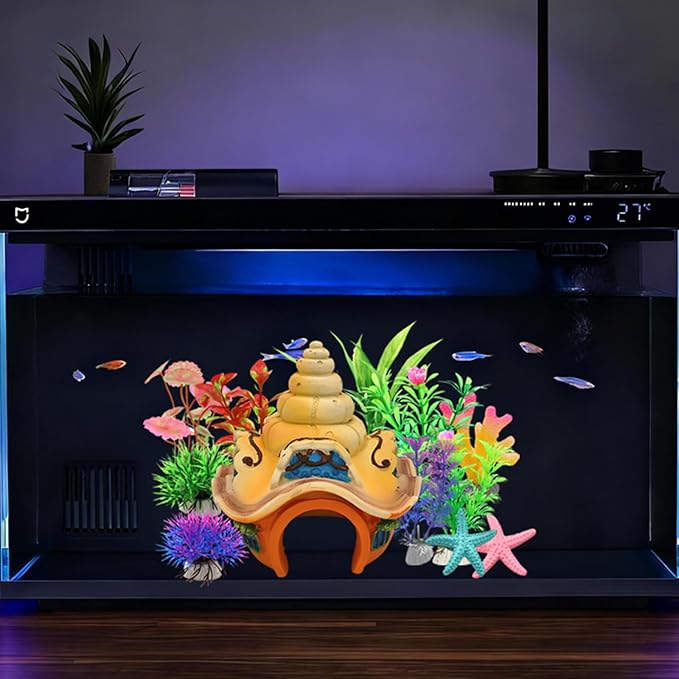 Fish Tank Decorations kit, Aquarium Decor Sea Shell House x 1pc, Fish Tank Accessories Aquatic Plants x 8pcs, Starfish x 2pcs, Coral x 1pcs.