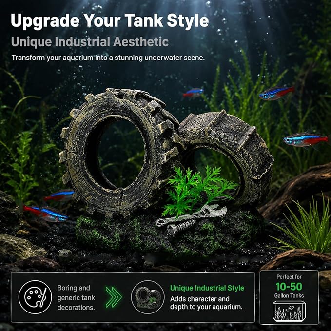 Mipukbay Fish Tank Decoration, Truck Wheel Aquarium Decor Hiding Cave Ornament for Freshwater/Saltwater, Safe Landscaping Rock Resin Decoration for Betta Fish, Goldfish and Aquatic Pets
