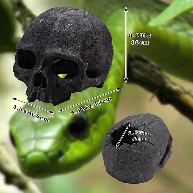 Oooct Resin Skull Sculpture, Black, Reptile Hideout for Fish, Bearded Dragon, Ball Python, Leopard Gecko, 4.7 x 3.5 x 3.7 Inch