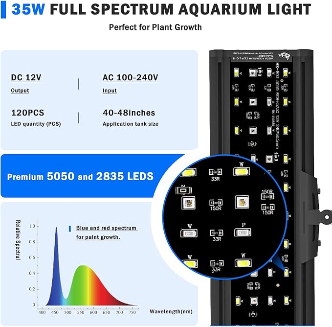 AQQA LED Aquarium Light, 24/7 Mode Clip on Fish Tank Light with Memory Function, DIY Mode Full Spectrum Aquarium Plant Light, Adjustable Timer/Brightness, IP68 Waterproof for 40-48 Inch Fish Tank 35W