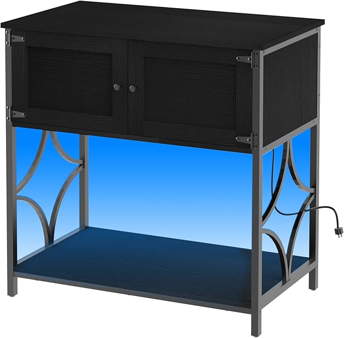 20-29 Gallon Aquarium Stand with Power Outlets & LED Light, 330LBS Capacity, Metal Frame Fish Tank Stand with Cabinet Accessories Storage for Reptile Tank, 30.7" L*15.7" W Tabletop, Black