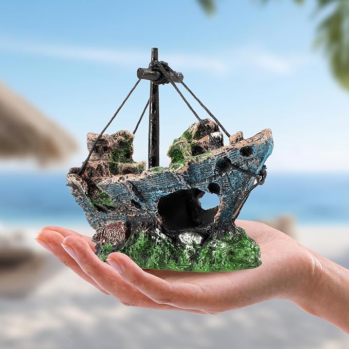 8Pcs Fish Tank Decorations Set Sunken Ship Decoration,Resin Material Fish Tank Accessories Accessories for Natural Look, Aquarium Shipwreck x 1pc, Aquatic Plants x 7pcs