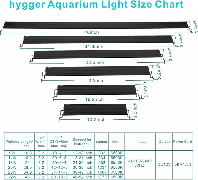 hygger 25W Full Spectrum Aquarium Light with Aluminum Alloy Shell Extendable Brackets, White Blue Red LEDs, External Controller, for Freshwater Fish Tank (36-46 inch)
