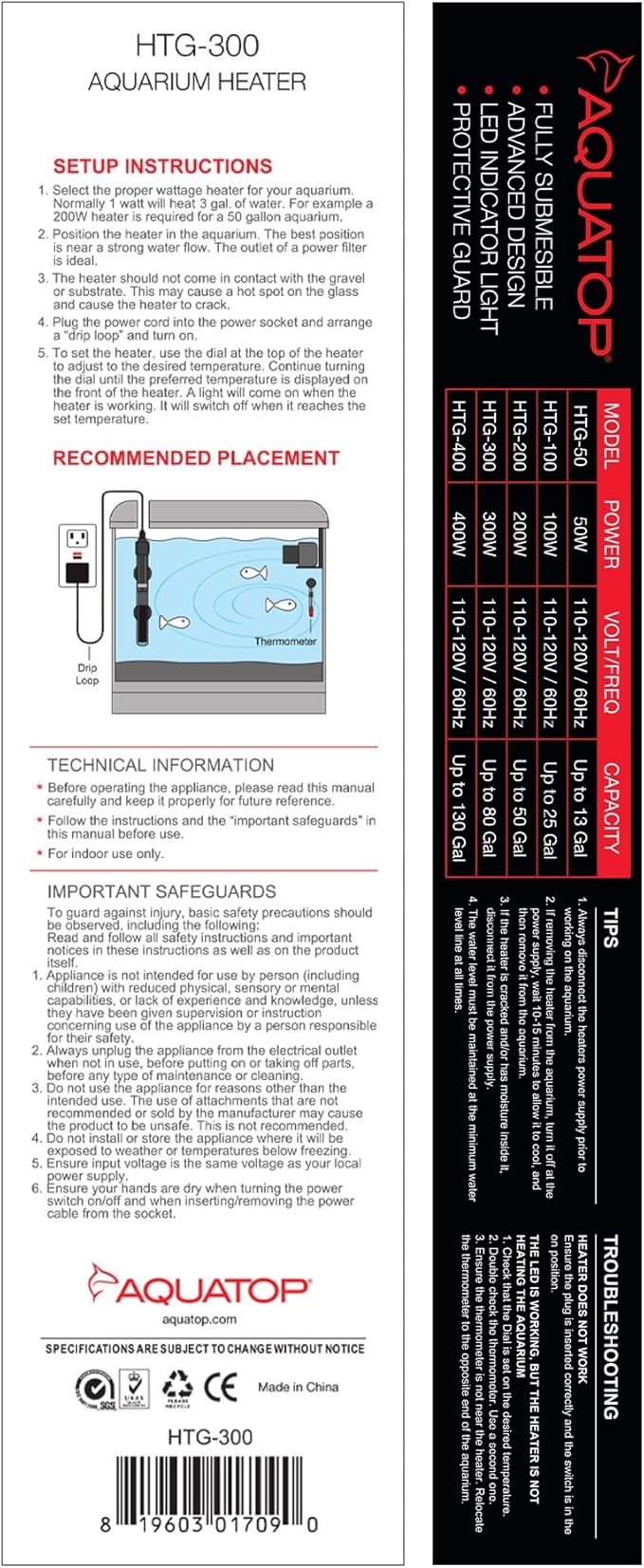 Aquatop 300W Premier Glass Heater with Protective Guard - Fully Submersible for Fish Tanks Up to 80 Gallons, 68-93F Adjustable Temperature Range, Fresh & Saltwater Use, Aquarium Heaters, HTG-300