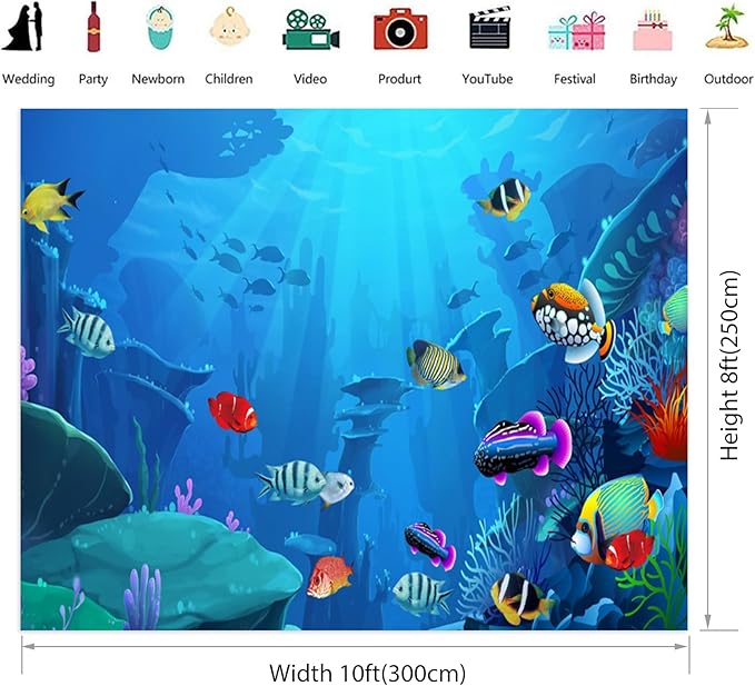 Renaiss Underwater World Aquarium Backdrop 10x8 ft Fabric Coral Reef Tropical Fish Mermaid Summer Party Photography Backdrop Under The Water Fish Tank Background for Birthday Baby Shower Decor