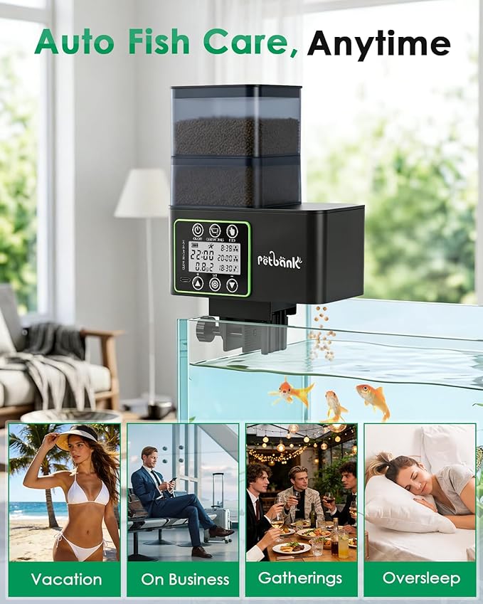 Automatic Fish Feeder for Aquarium - 230/510ml Timer Fish Feeder Dispenser with 0.1-2g Precision Feeding, Moisture-Proof Auto Fish Feeder with Feed Cleaning & Shortage Alert, USB Rechargeable