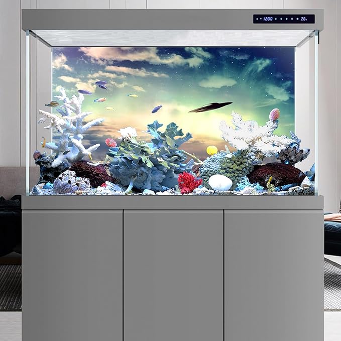 AWERT 60x24 inches Outer Space Aquarium Background UFO in Sky Clouds Fish Tank Background Science Fiction Terrarium Background