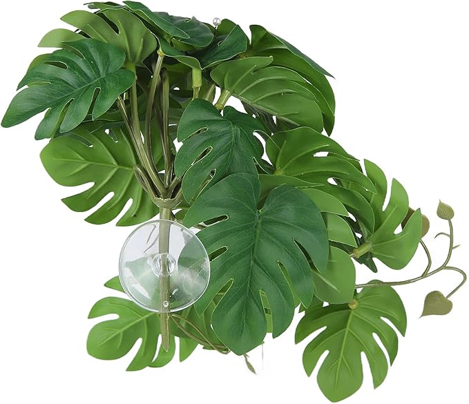 2PCS Artificial Water Plant,Simulation Vine,Lifelike Plastic Leaves Decoration with Suction Cup,Plastic Plant Aquatic Water Grass Decor for Fish Tank (Monstera Deliciosa Leaf)