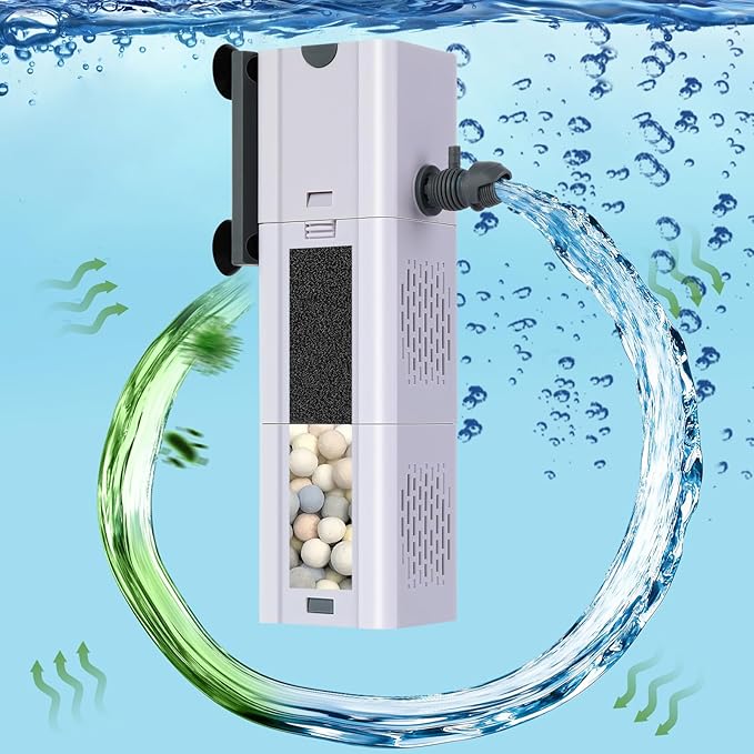 265 GPH 4-in-1 aquarium filter, 20-80 gallon fish tank filters Filtration and Oxygenation, filter for fish tank with biochemical cotton, ceramic beads, Multi-functional turtle tank filter(15 W)