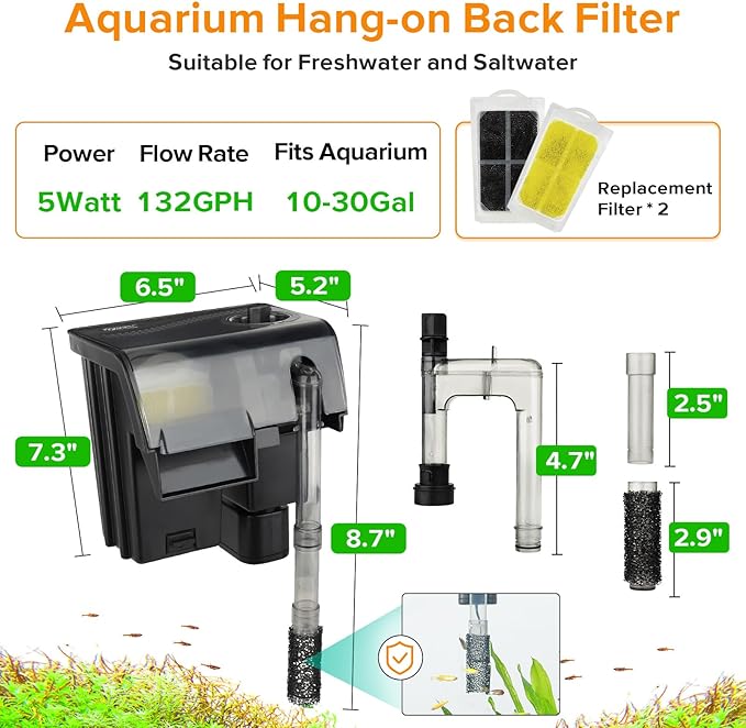 hygger Hang On Back Aquarium Filter 5W 132GPH For 10-30 Gallon Quiet Power Fish Tank Filter Multi-stage Filtration Adjustable Waterfall HOB Filter with 4 Cartridges & Extension Pipe, Fresh & Saltwater
