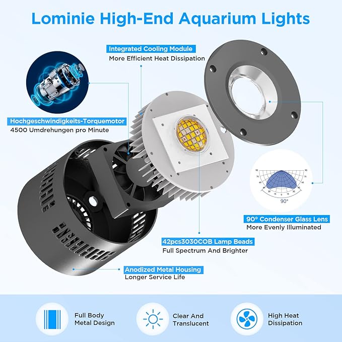 Lominie Aquarium Lights Full Spectrum LED Fish Tank Light Clip on Aquarium Lamp 85W 6500k for Freshwater Refugium Cube Tank with Bracket