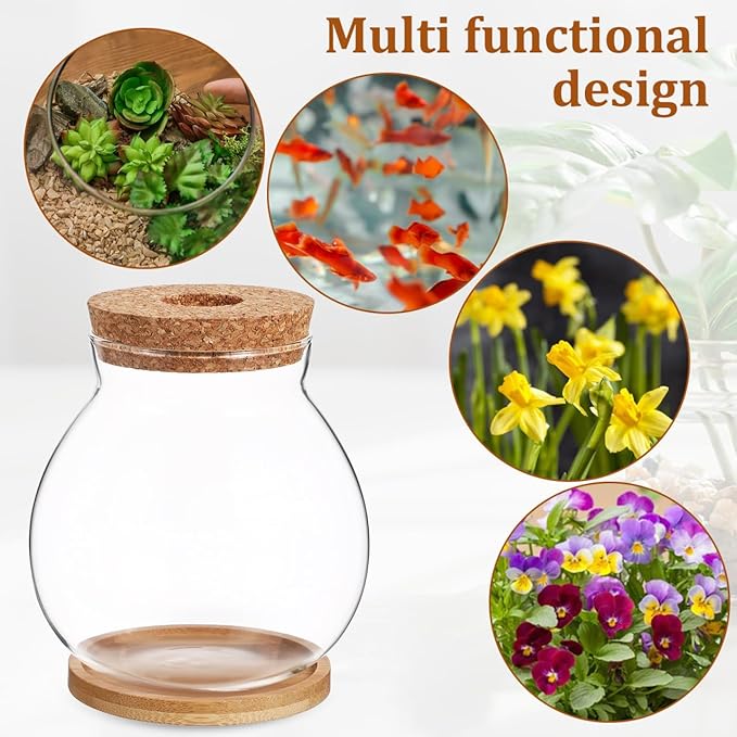 POPETPOP Desktop Glass Fish Bowl - Round Small Fish Tank with Wood Stopper & Bamboo Mat, Clear Glass Betta Fish Bowl for Succulent Plants, Hydroponic Air Plant (5.1X5.5 in)