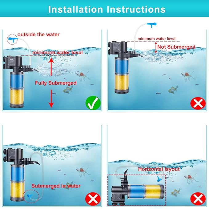 Internal Fish Tank Filter, 2-Stage Biochemical Sponge Filtration, 90GPH Adjustable Water Flow Submersible Aquarium Filter Pump with Aeration for 15~20 Gallon Freshwater Saltwater, TH280A(90GPH)