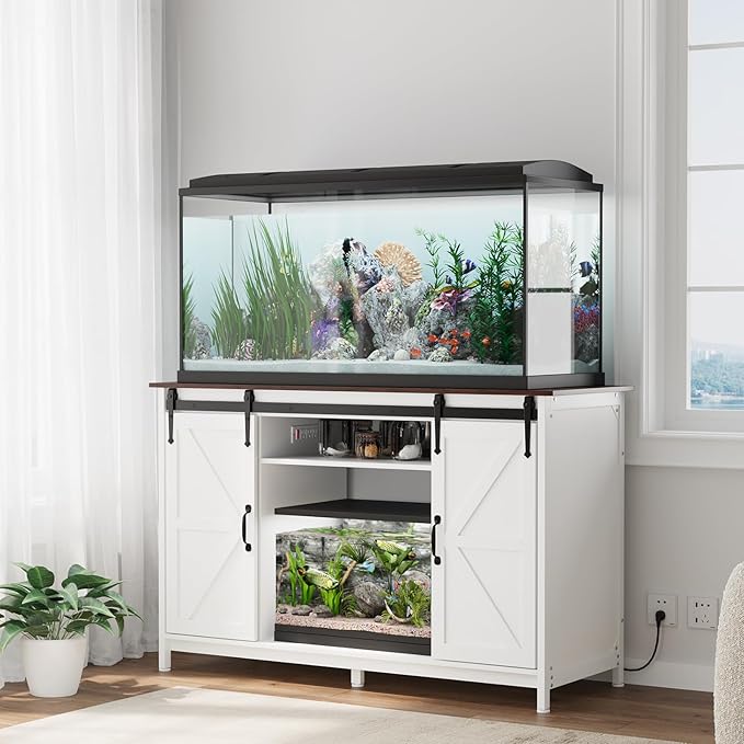 VOWNER Farmhouse 55-75 Gallon Fish Tank Stand with Power Outlet, Aquarium Stand with Storage Cabinet and Sliding Barn Door, Heavy Duty Reptile Tank Stand, for 2 Tanks, 1000LBS Capacity, White + Walnut