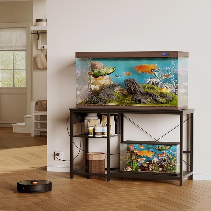 Beuruku 55-75 Gallon Fish Tank Stand with Power Outlet & LED Light, Metal Aquarium Stand with 3 Tier Adjustable Storage Shelves, for Reptile & Turtle Tank, 52" L*19.5" W, Black