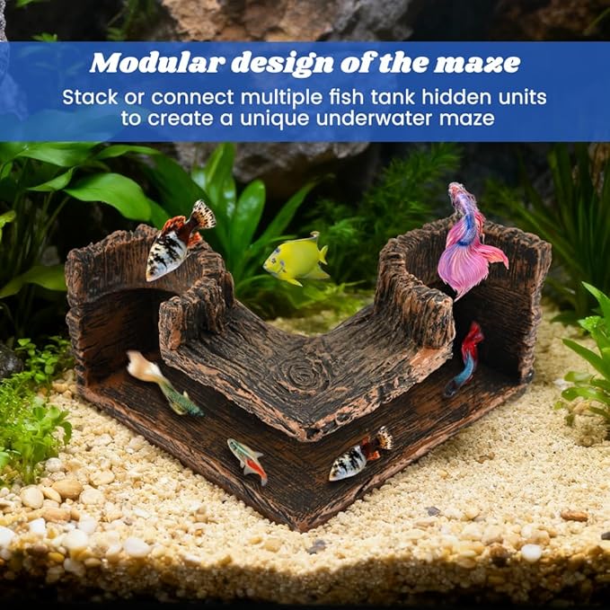 Aquarium Underground Corner Cave with 2 Simulated Resin Coral, Natural-Looking Wood-Like Bet-ta Fish Hideout Fish Tank Decorations, for Avoid Aggressive Behavior
