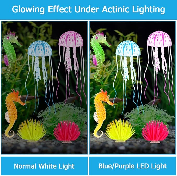 Glowing Aquarium Ornaments Silicone Fish Tank Decor Artificial Sea Anemones Decorations Including Coral Jellyfish Sea Horse, Christmas Tree Sillicon Ornament Decoration for Aquarium Fish Tank