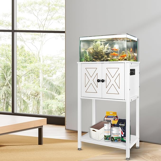 BEURUKU 5-10 Gallon Fish Tank Stand, Heavy Duty Aquarium Stand with Cabinet & Power Outlets for Fish Tank Accessories Storage, Double Reptile Terrarium Stand 20.5" L* 11" W Tabletop, White