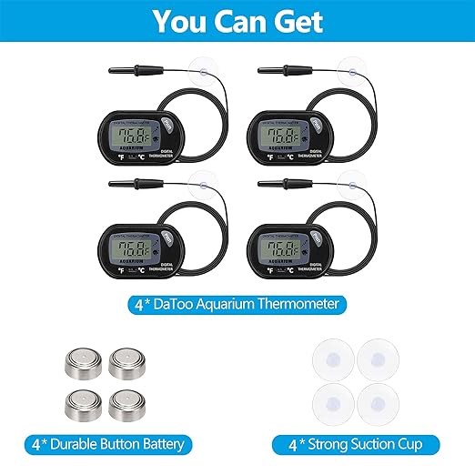DaToo Aquarium Thermometer with Large LCD Display Fahrenheit/Celsius(℉/℃) Fish Tank Thermometer for Aquarium Reptile Terrarium Digital Water Thermometer with Suction Cup(4 Pack)
